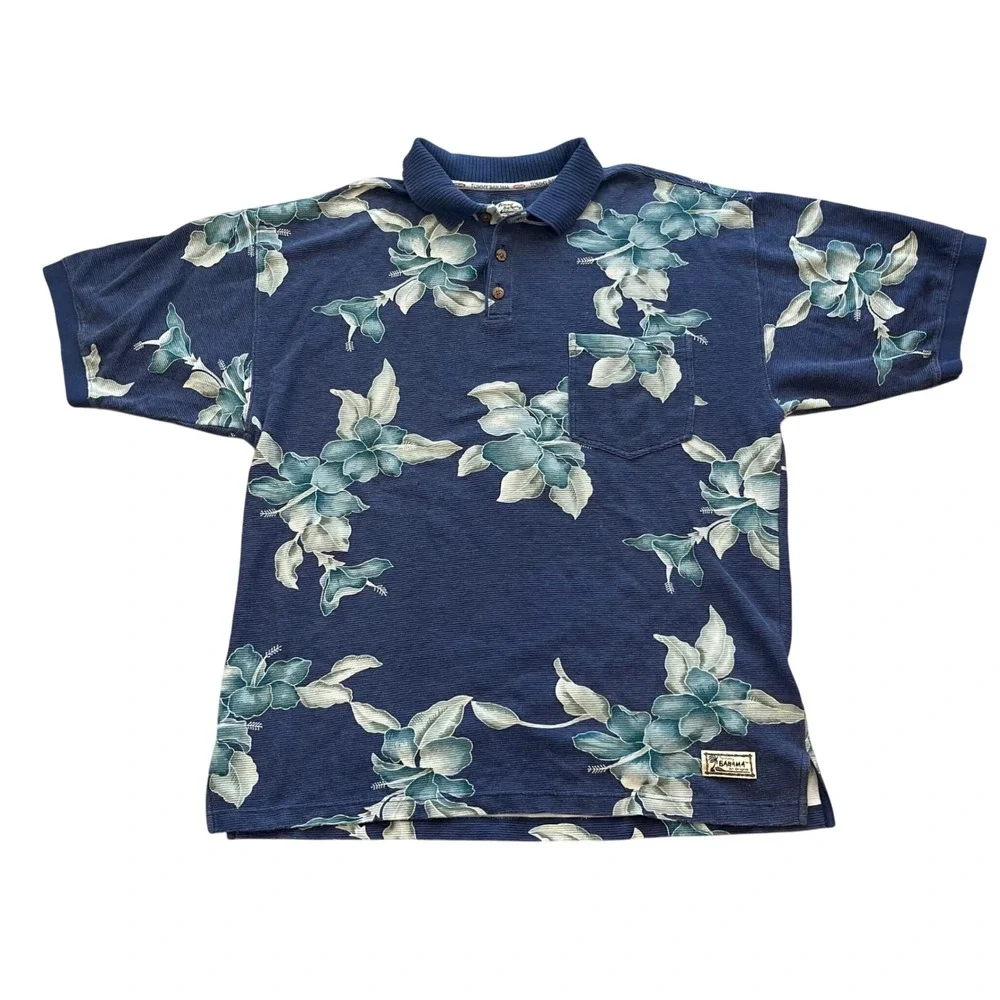 Tommy Bahama Mens XL Blue Ribbed Cotton Floral Tropical Polo Shirt Short‎ Sleeve